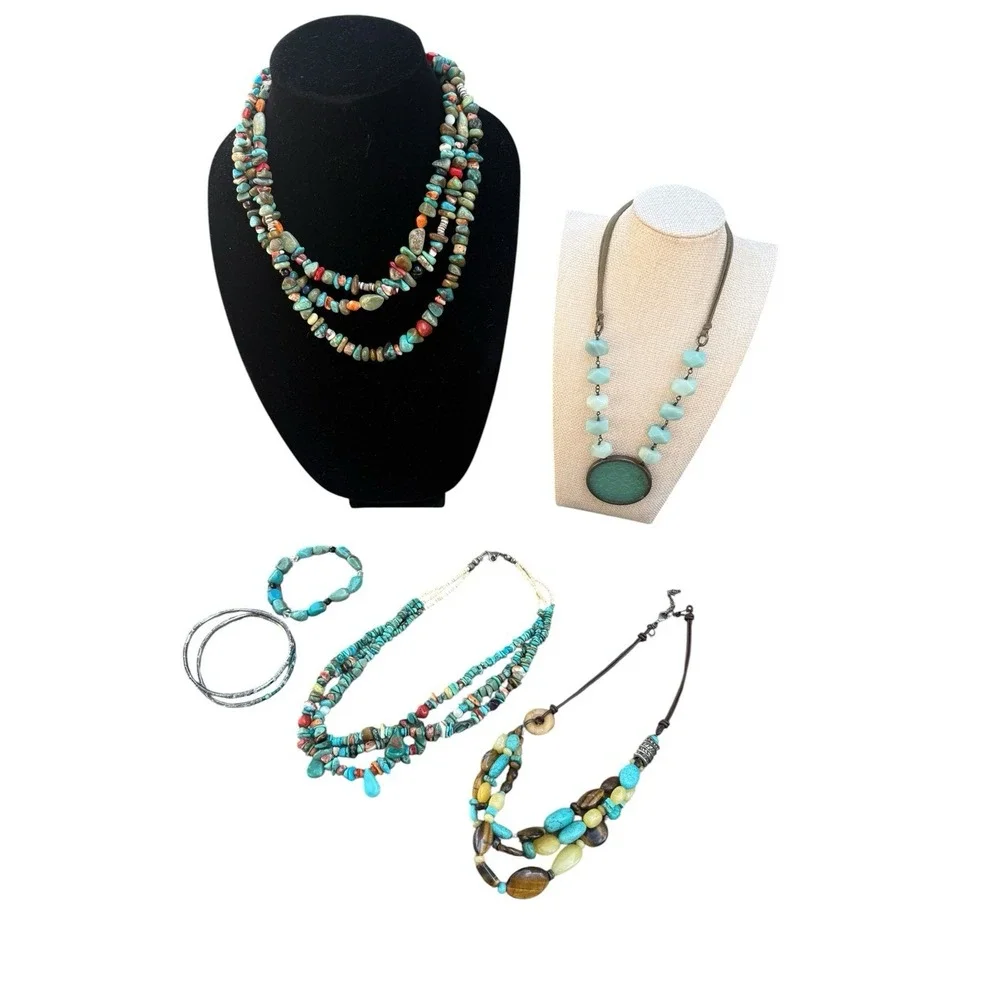 Boho Turquoise Color Jewelry Lot 6 Pc Necklaces Bracelet Bangles Statement